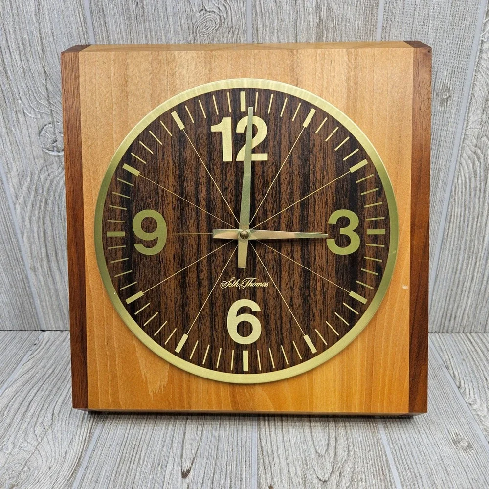 Seth Thomas Satinwood Wall‎ Clock Mid Century Modern Wood Block 2540-000 Vintage